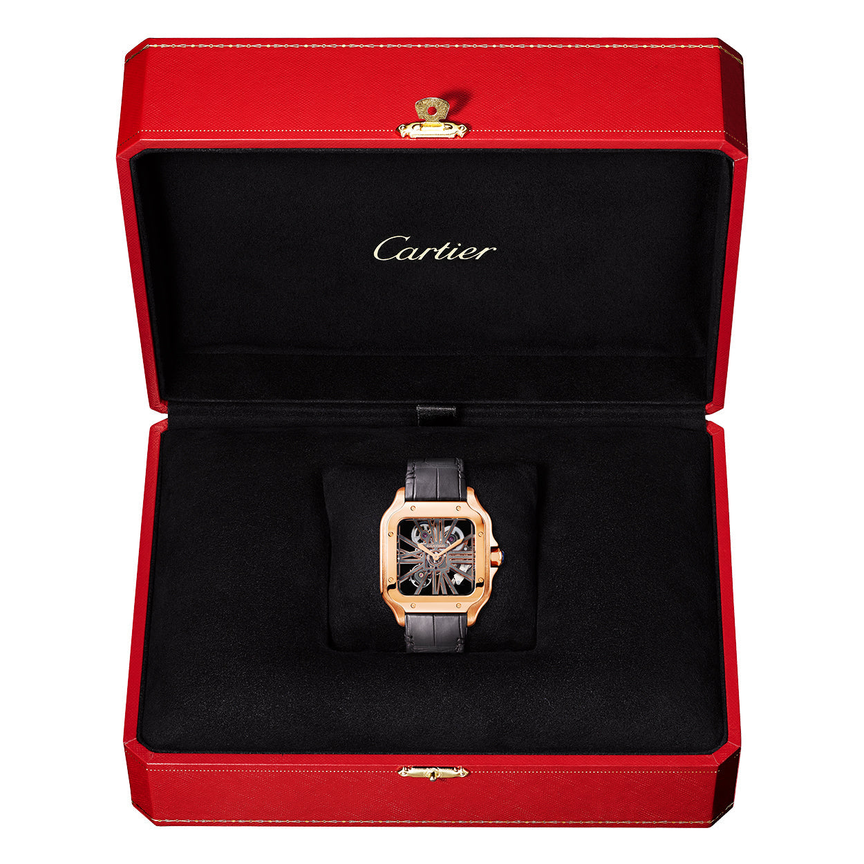 Santos Large 18ct Rose Gold Skeleton Dial Strap Watch