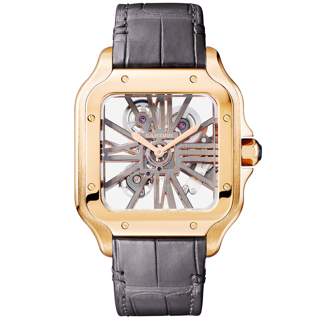 Santos Large 18ct Rose Gold Skeleton Dial Strap Watch