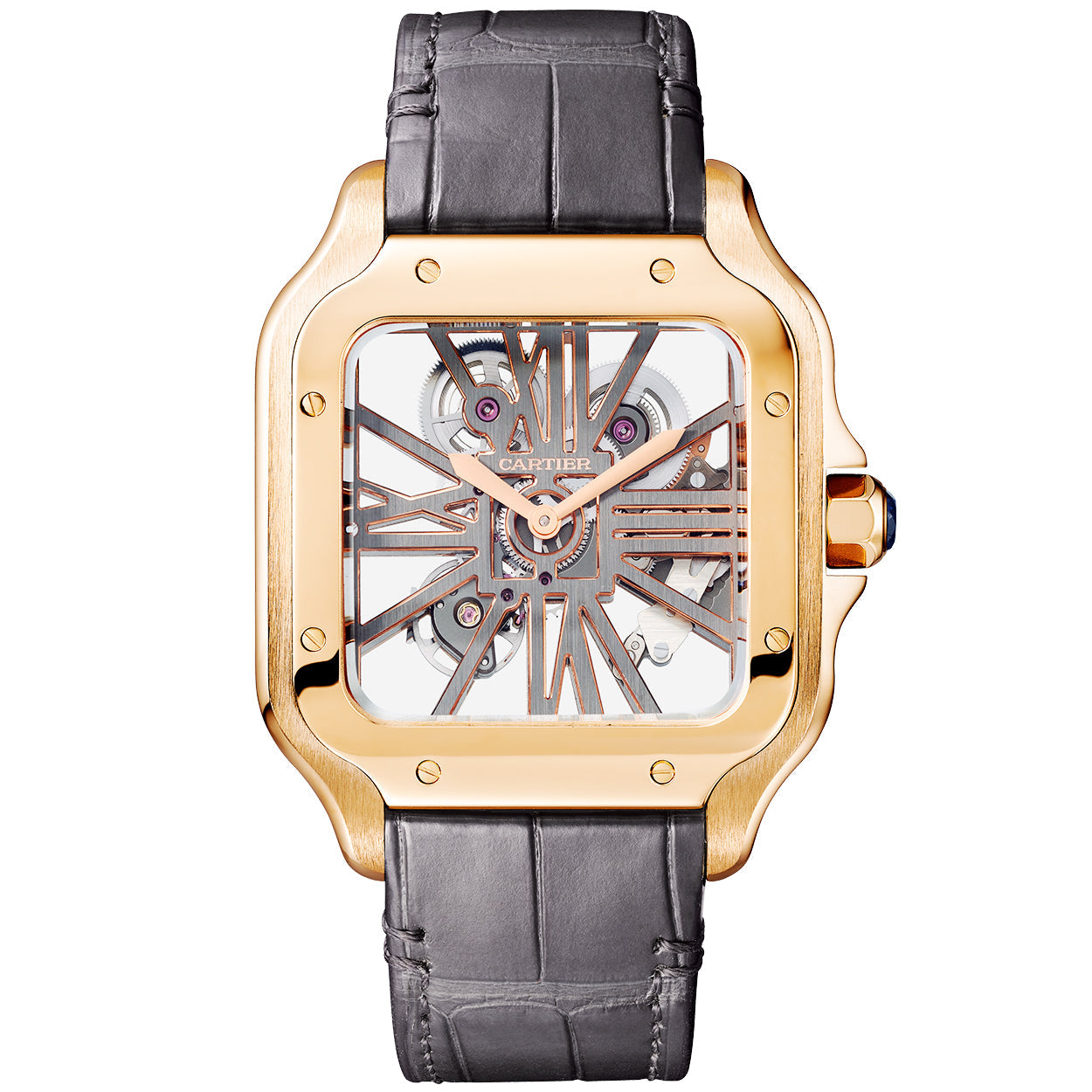 Santos Large 18ct Rose Gold Skeleton Dial Strap Watch