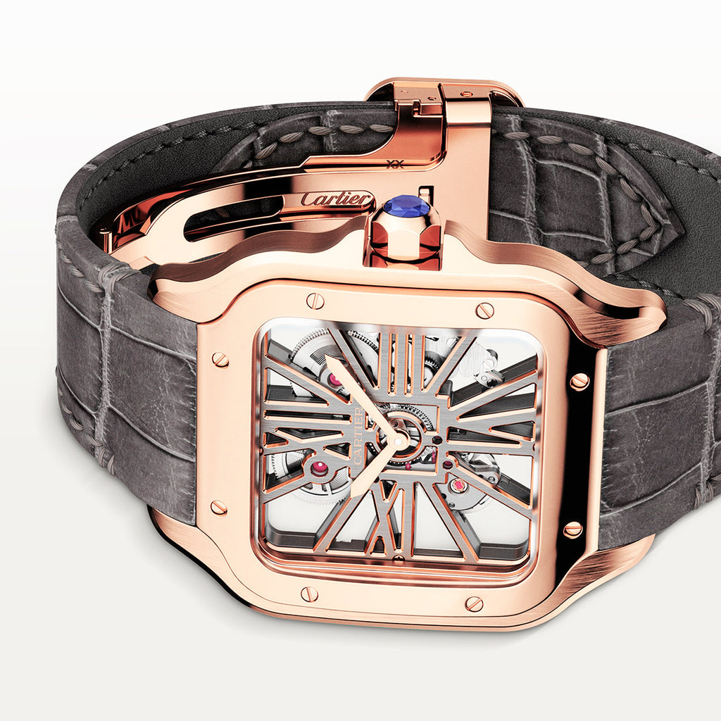 Santos Large 18ct Rose Gold Skeleton Dial Strap Watch