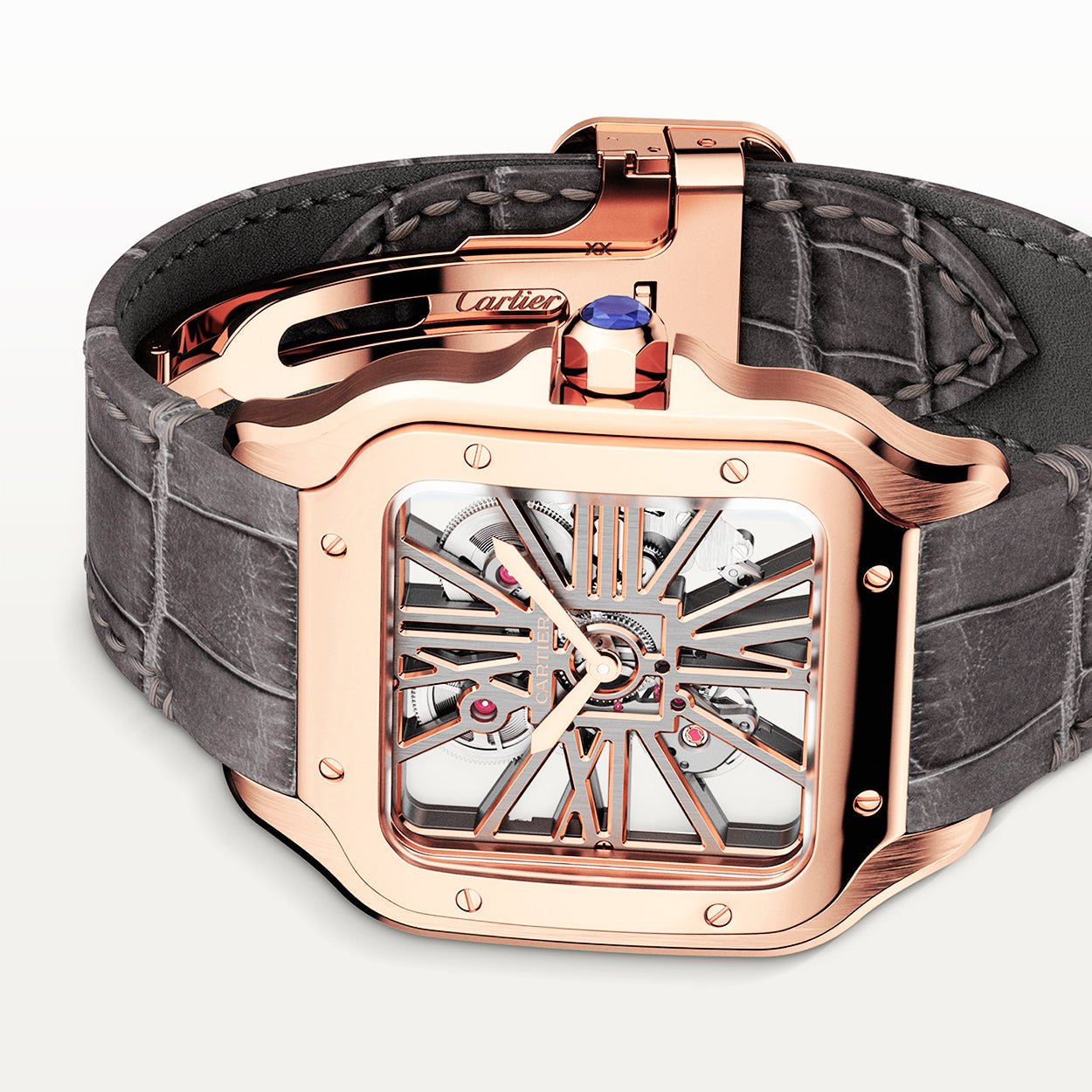Santos Large 18ct Rose Gold Skeleton Dial Strap Watch