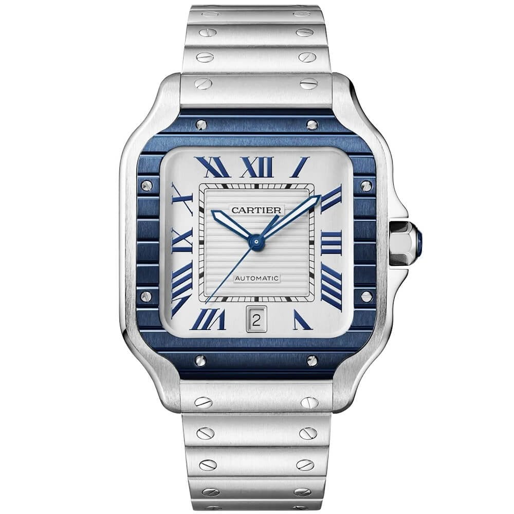 Santos Large Steel & Silver/Blue Dial Men’s Automatic Watch